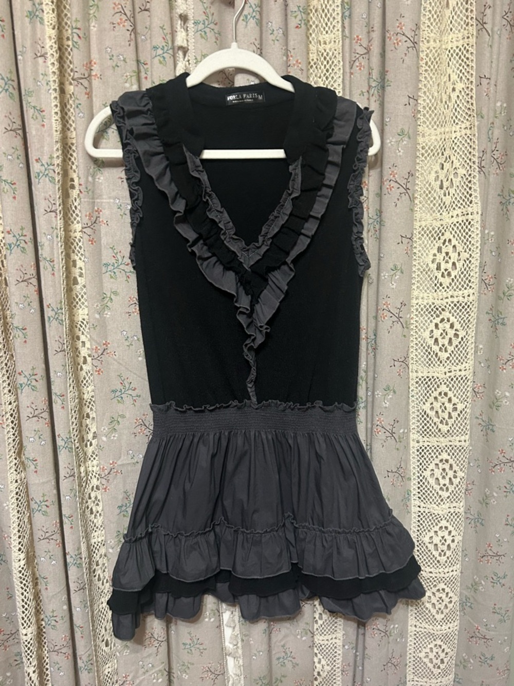 FORLA Paris Ruffle Mini Dress Black Sleeveless Romantic French Boho